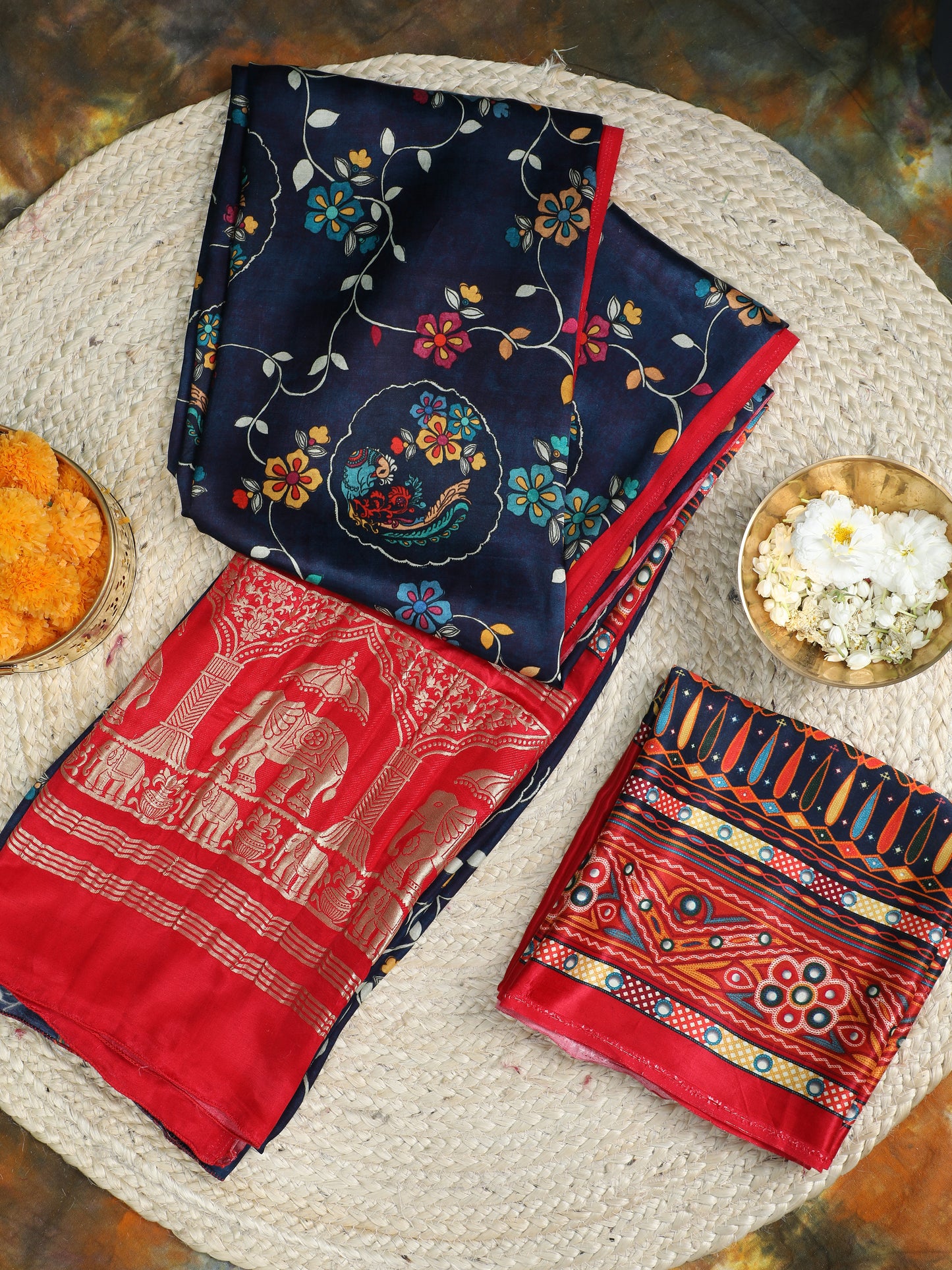 red&blue kalamkari print saree with hathi banarasi pallu saree