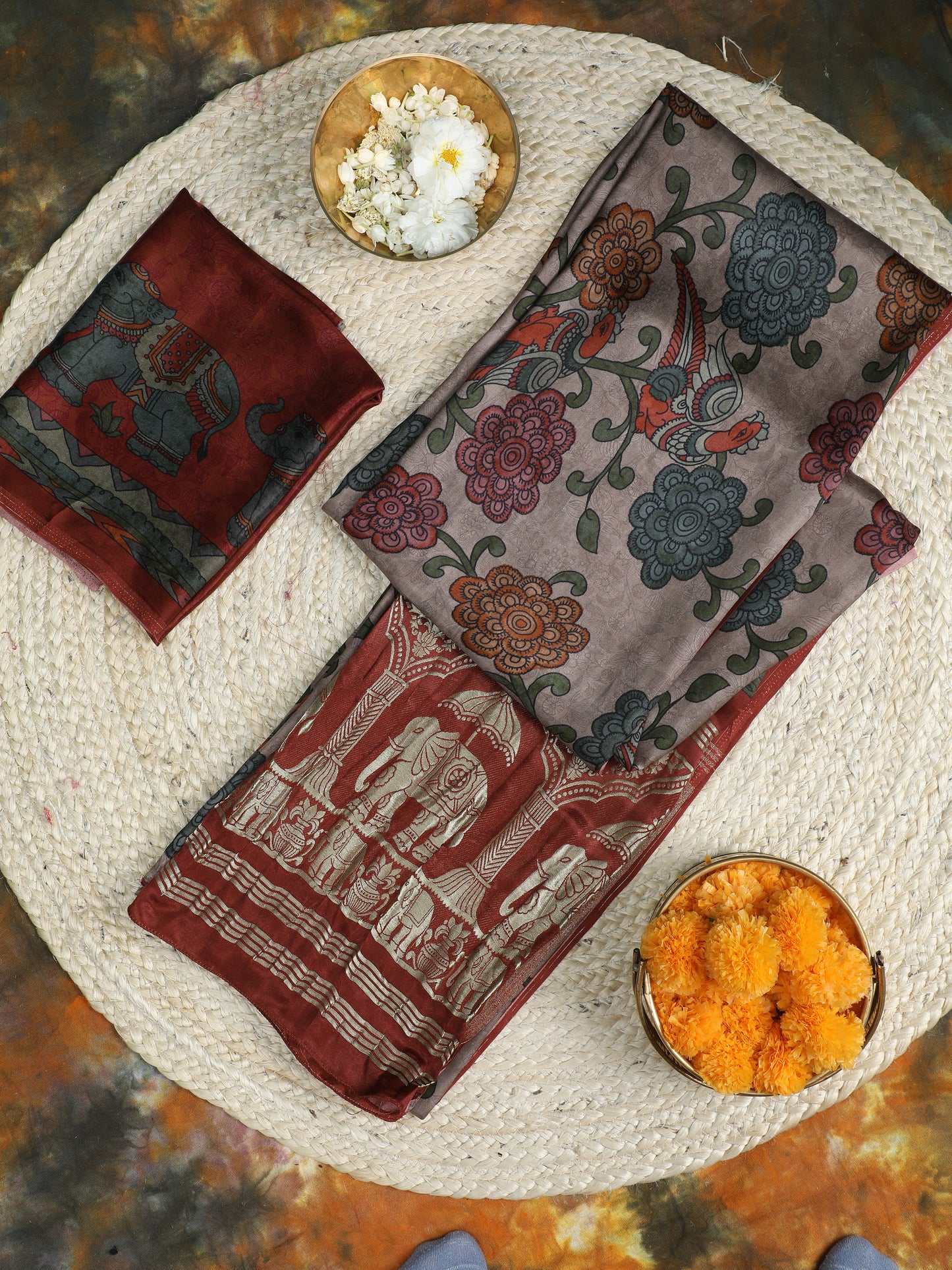 rust kalamkari print saree with hathi banarasi pallu saree