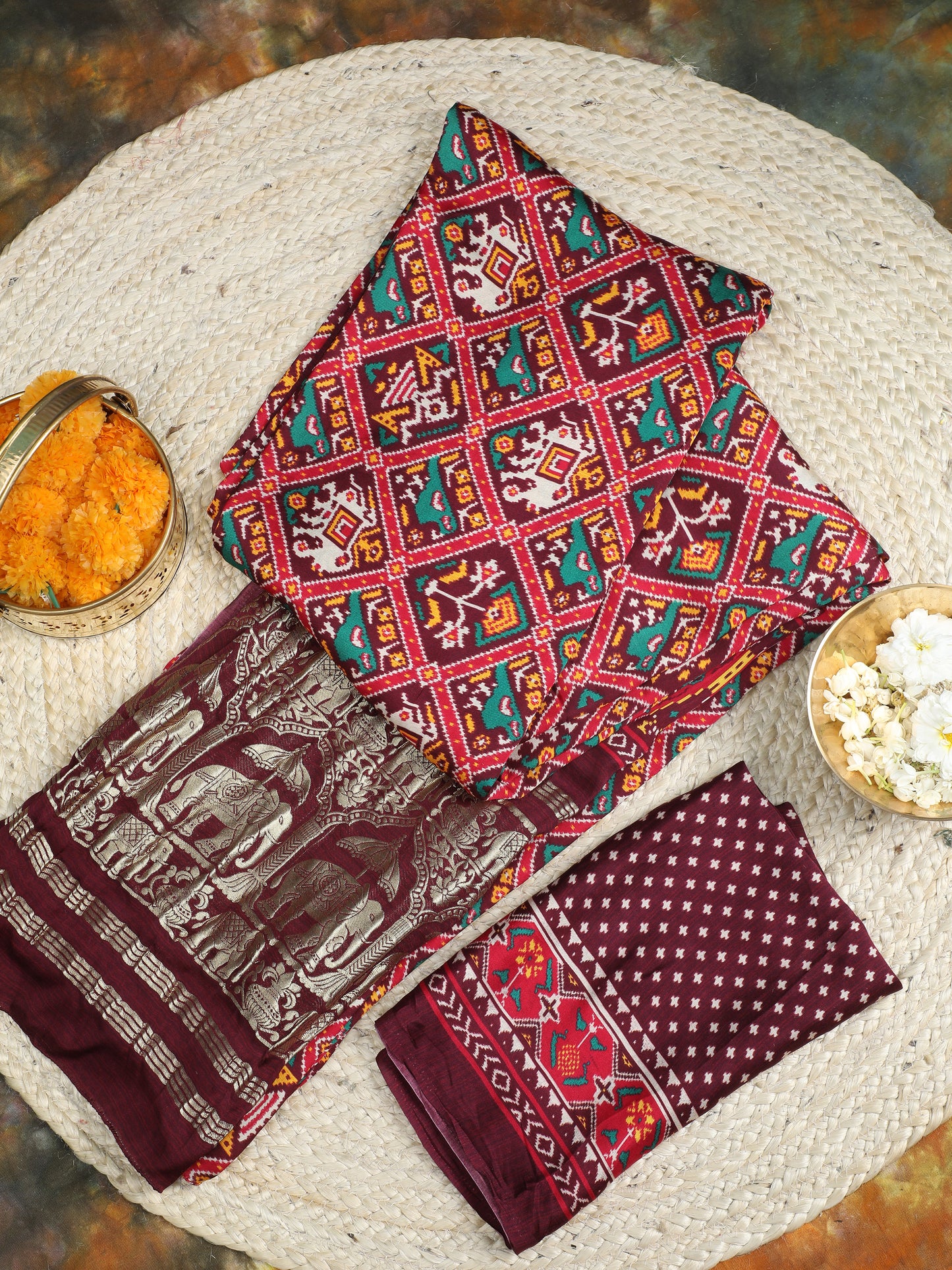 cofee & maroon ikkat saree with banarasi pallu