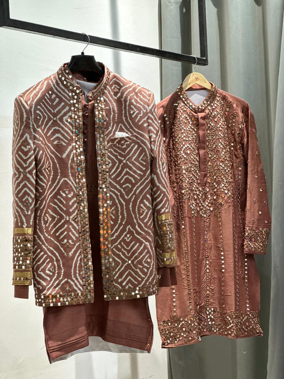 regal brown geometric mirror work kurta set with jacket