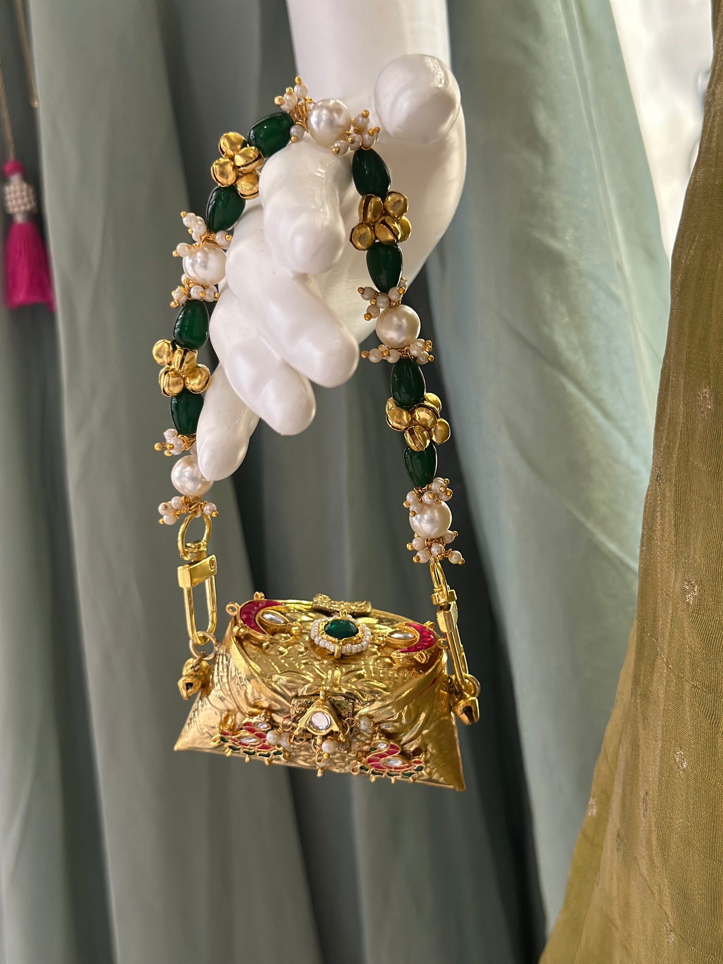 kundan & pearl embellished mini gold clutch