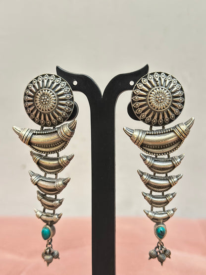 Antique Silver Tribal Crescent Drop Earrings