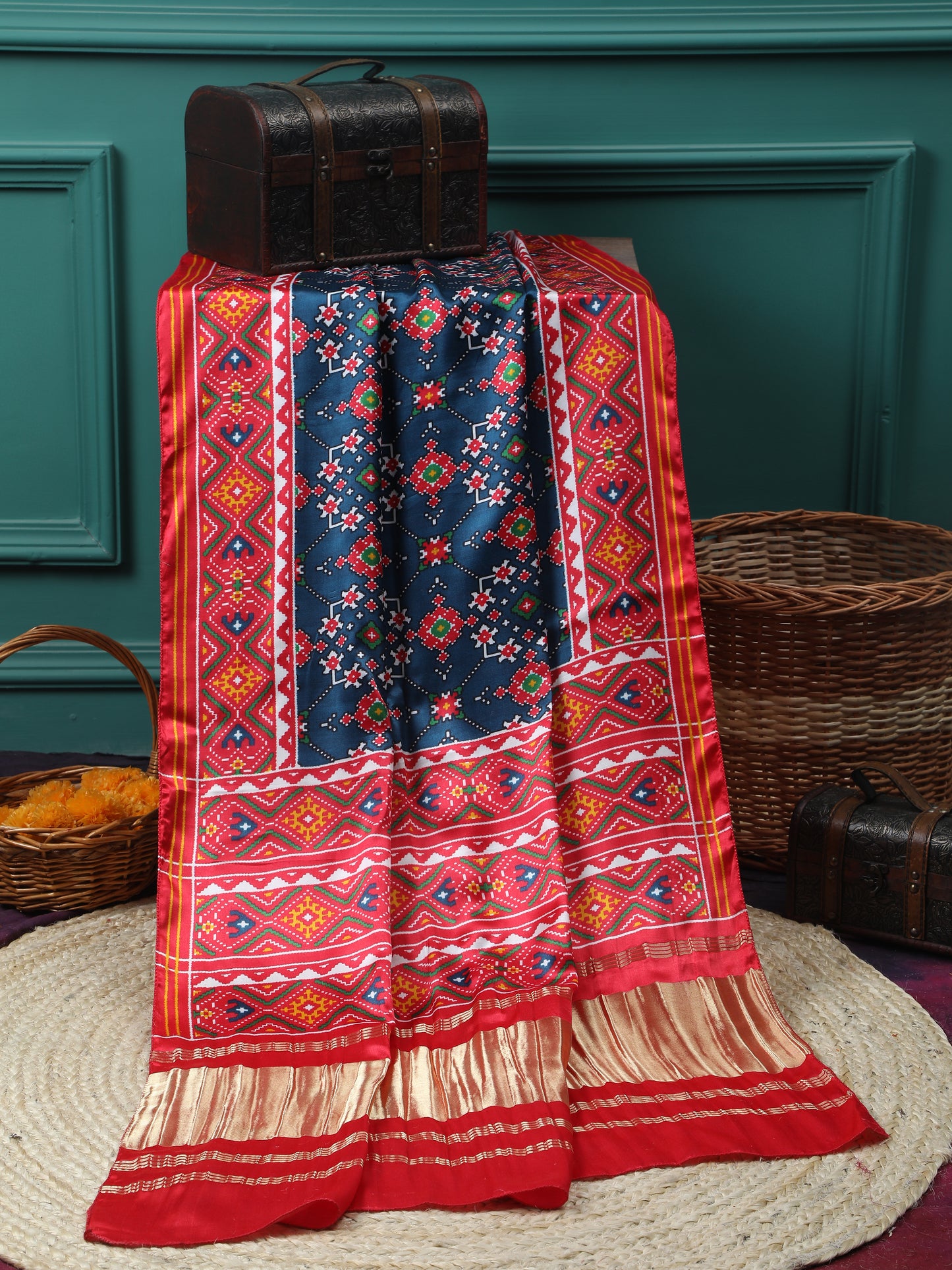 red & blue ikkat patola print dupatta