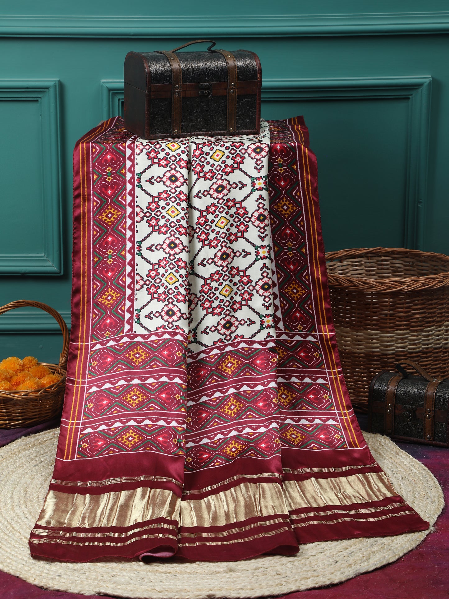 maroon& off white ikkat patola print dupatta