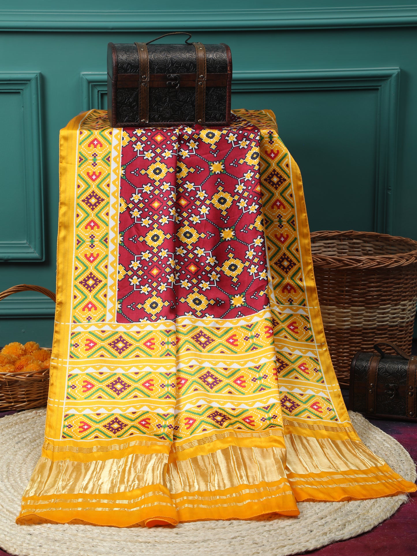 yellow & maroon ikkat patola print dupatta