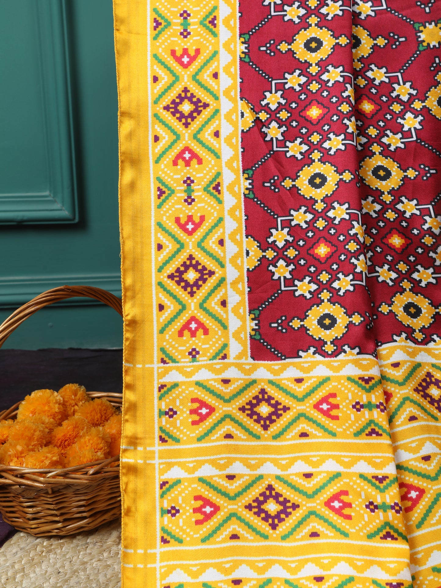 yellow & maroon ikkat patola print dupatta