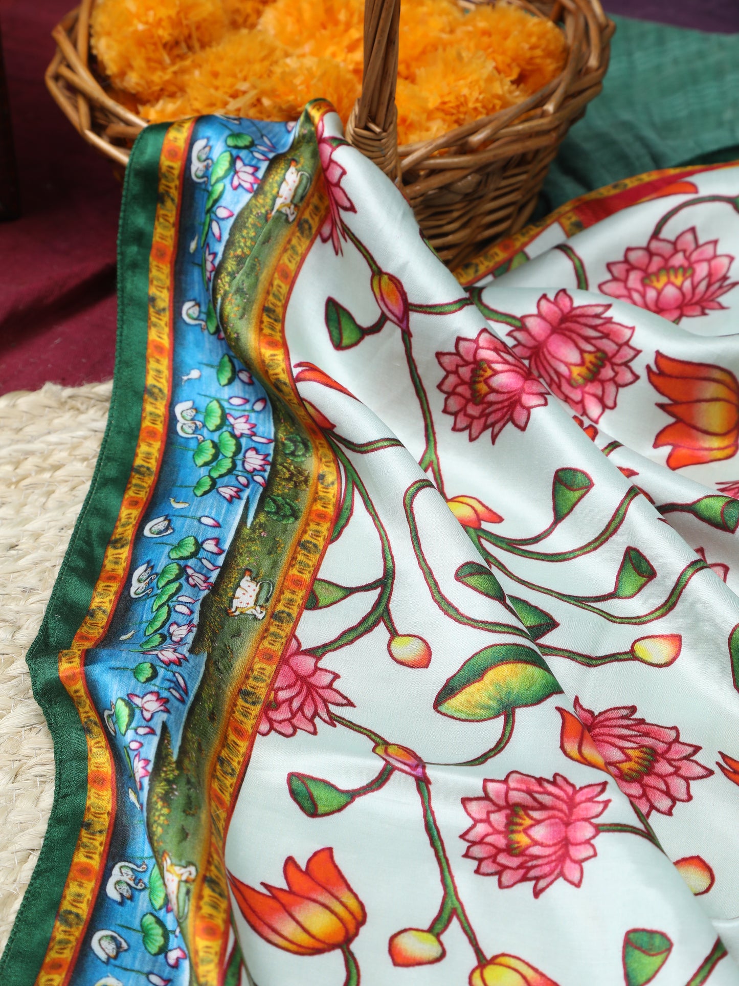 green pichwai lotus print dupatta