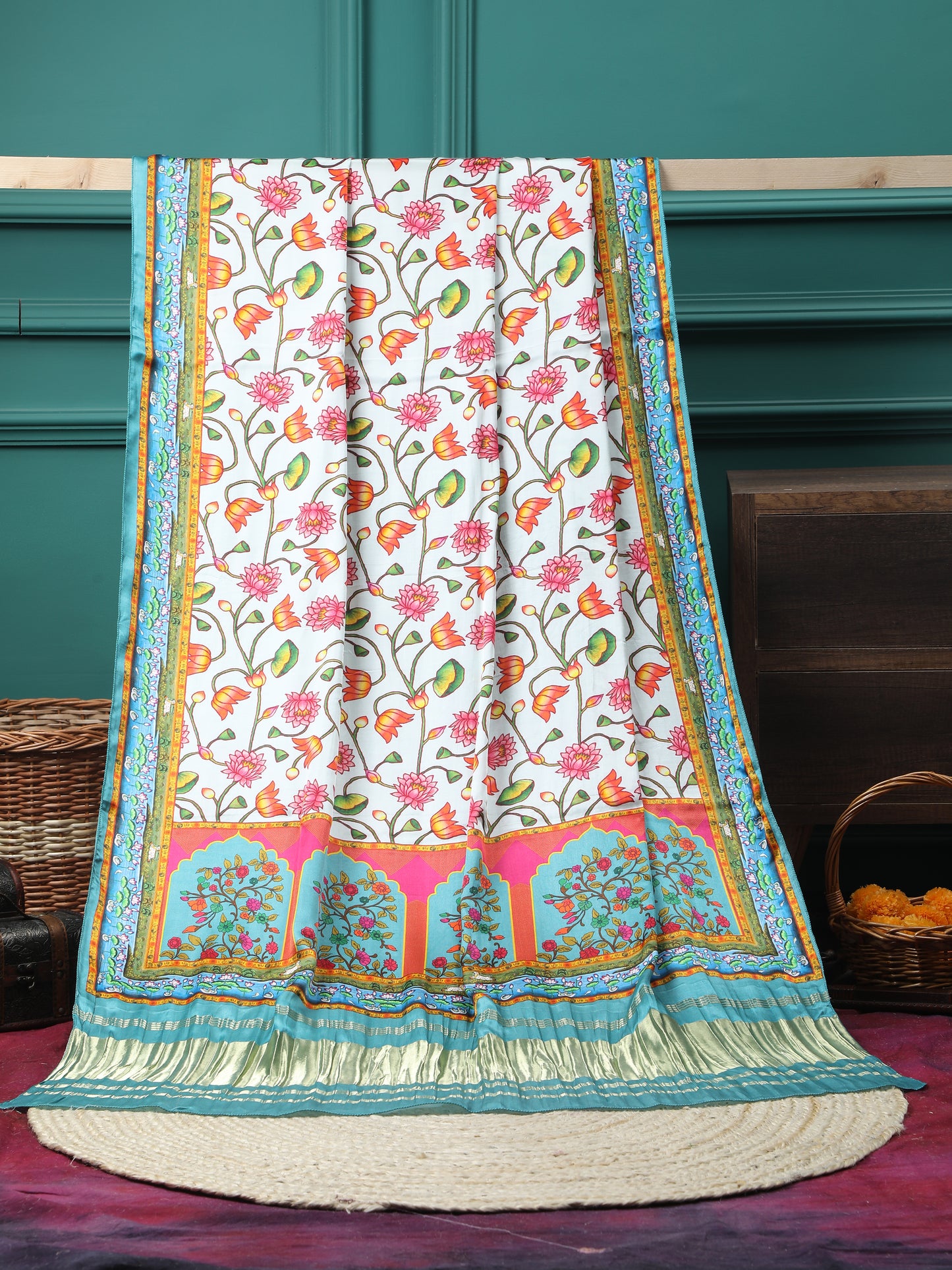 blue pichwai lotus print dupatta
