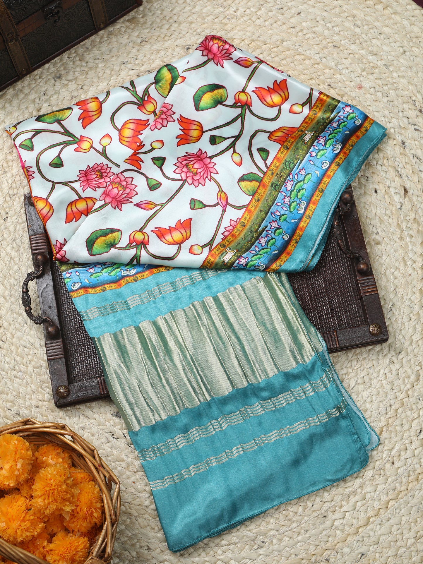 blue pichwai lotus print dupatta