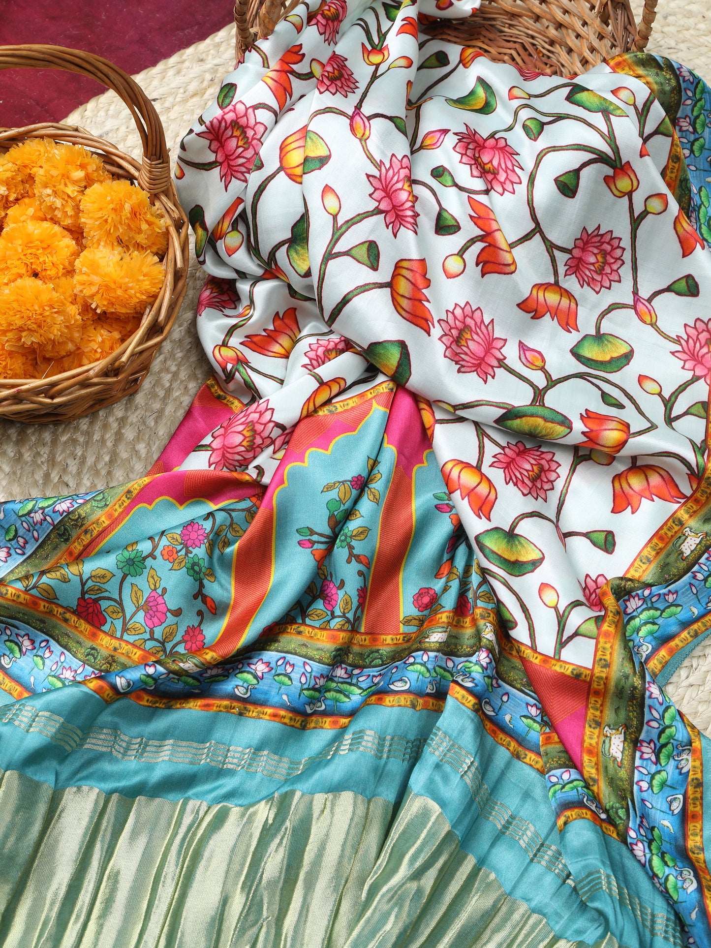 blue pichwai lotus print dupatta