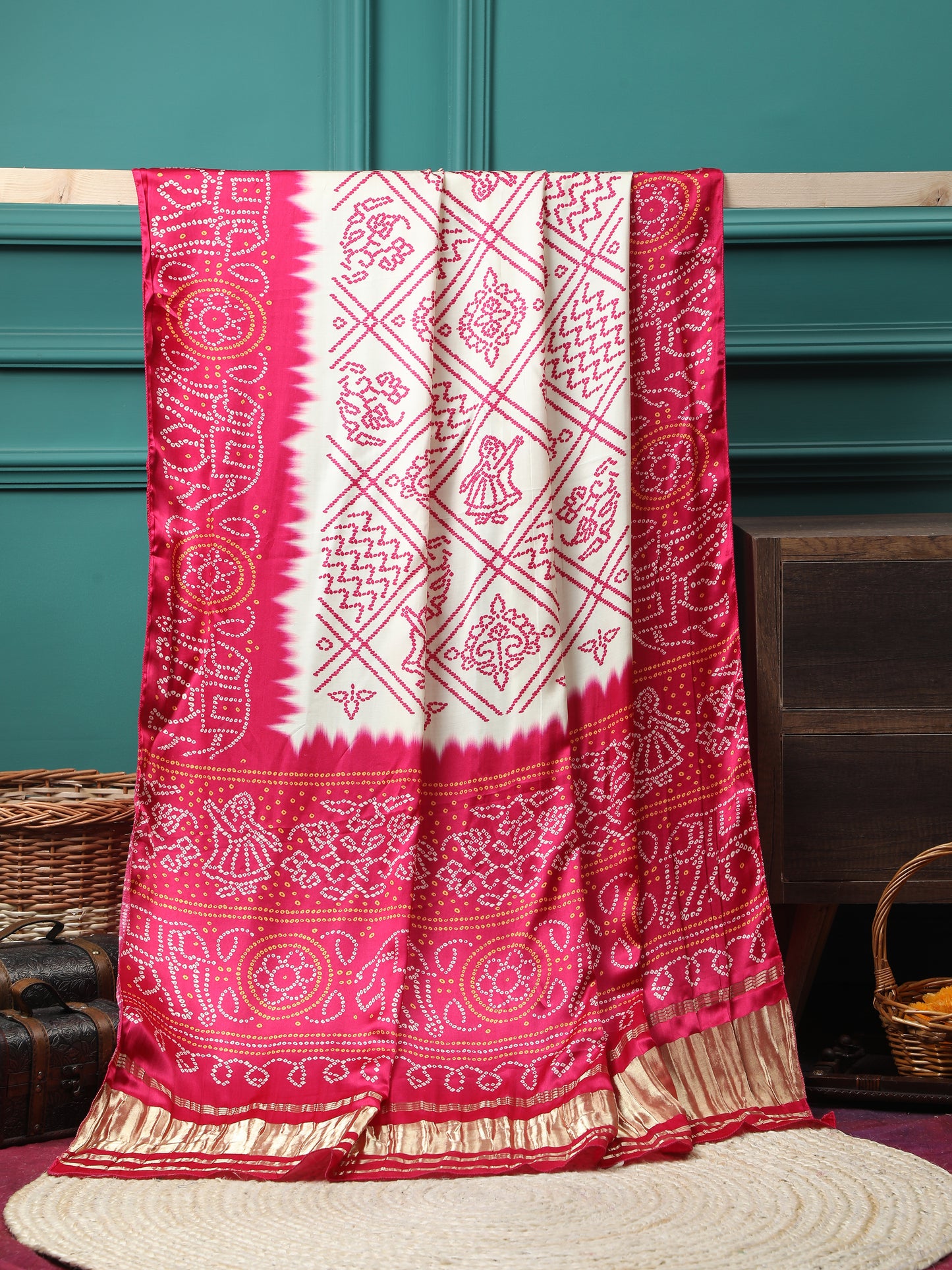 rani & cream bandhani print dupatta