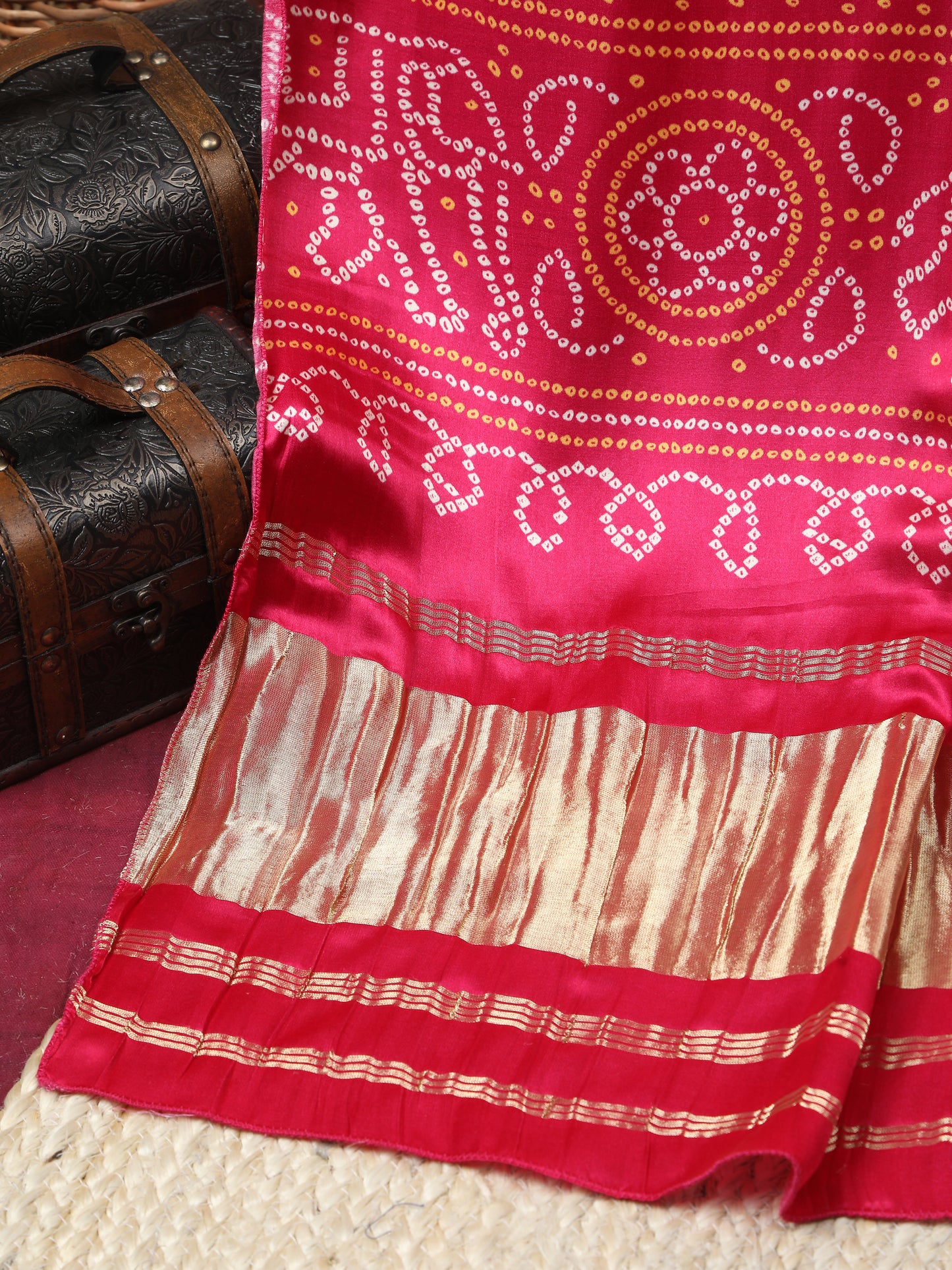 rani & cream bandhani print dupatta