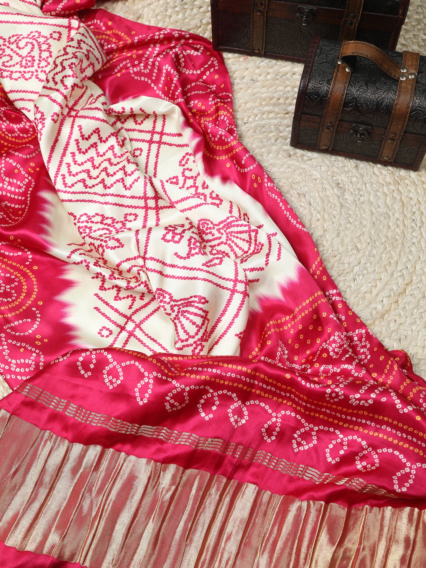 rani & cream bandhani print dupatta
