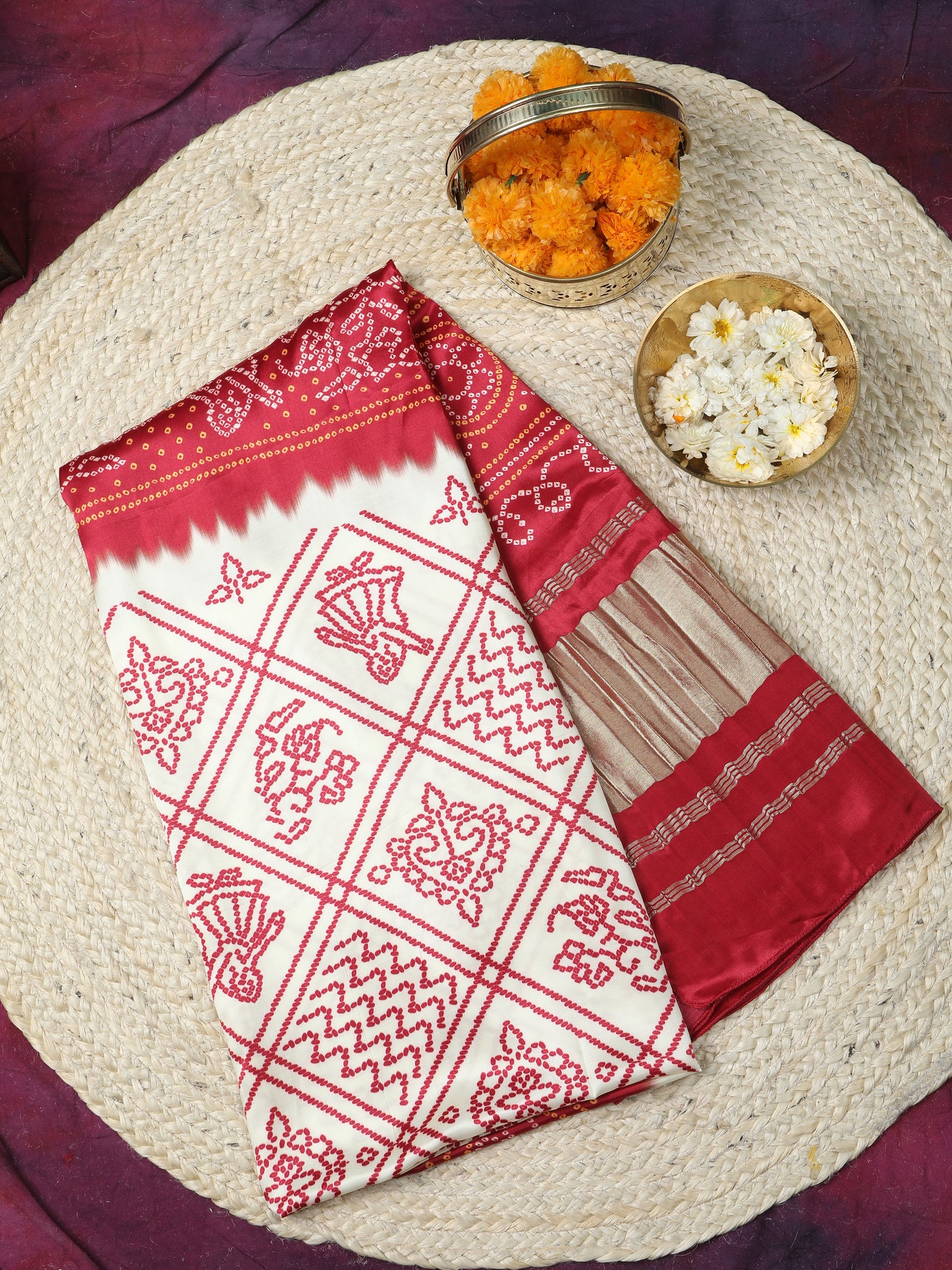 maroon & cream bandhani print dupatta