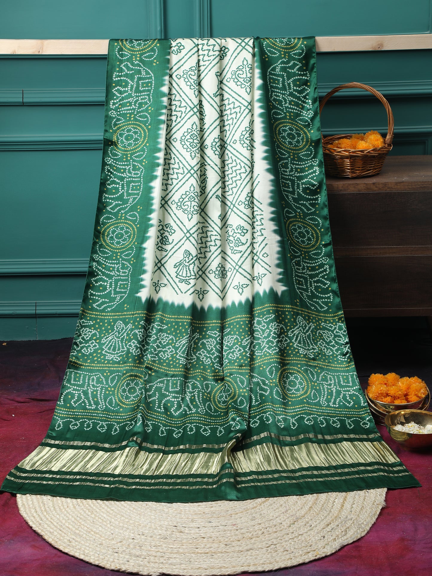 green & cream bandhani print dupatta in modal silk