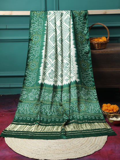 GREEN & CREAM BANDHANI PRINT DUPATTA IN MODAL SILK
