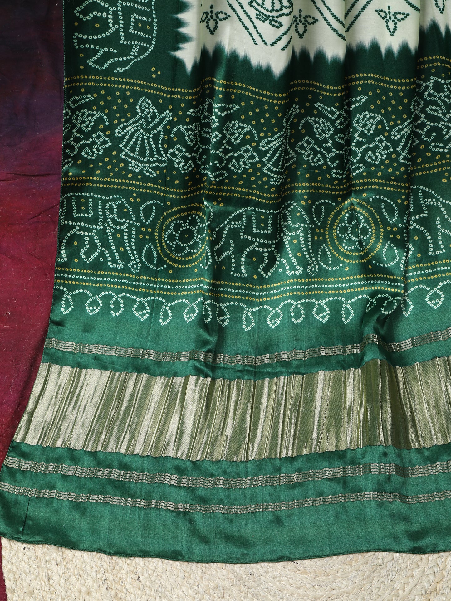 green & cream bandhani print dupatta in modal silk