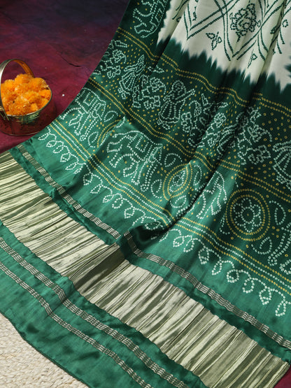 GREEN & CREAM BANDHANI PRINT DUPATTA IN MODAL SILK