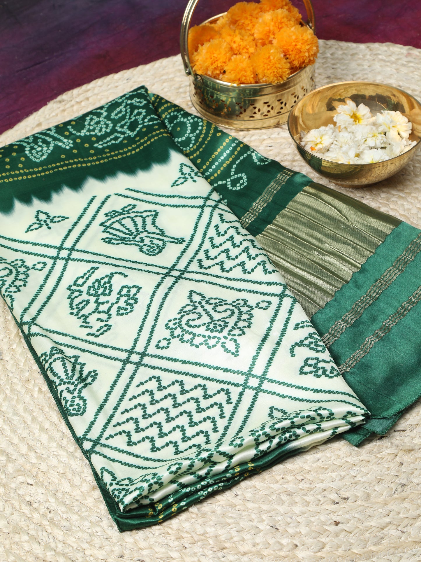 green & cream bandhani print dupatta in modal silk