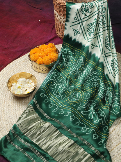 GREEN & CREAM BANDHANI PRINT DUPATTA IN MODAL SILK