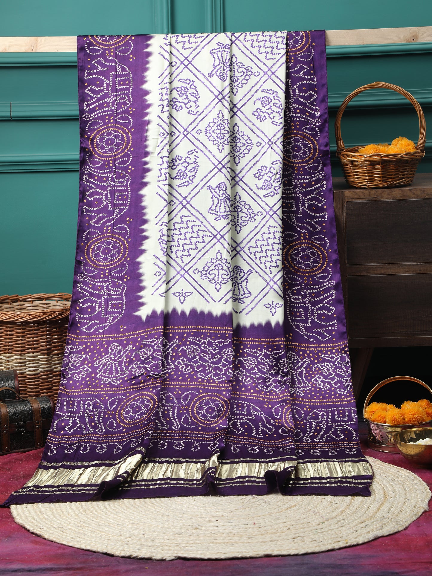 pureple & cream bandhani print dupatta