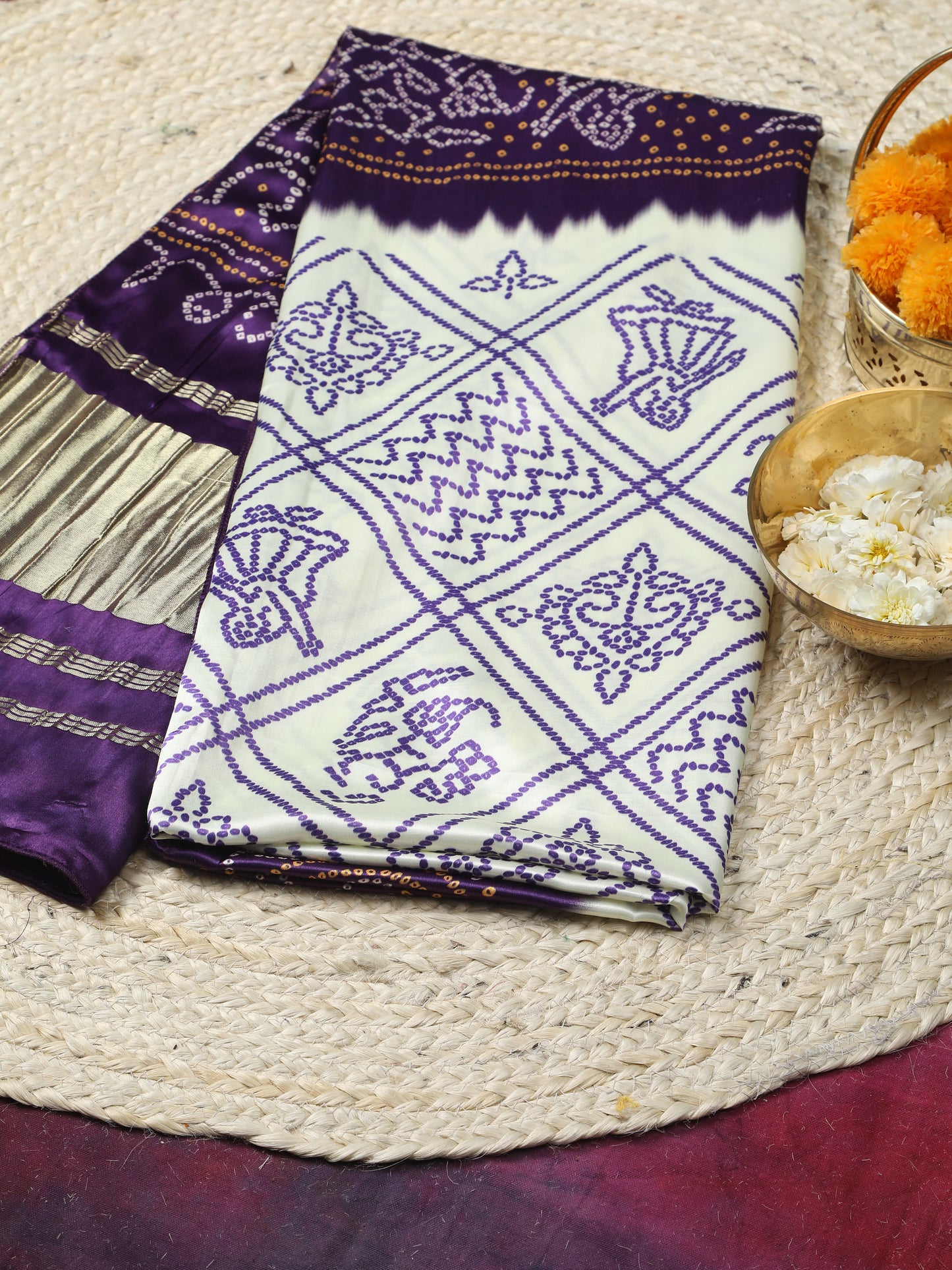 pureple & cream bandhani print dupatta