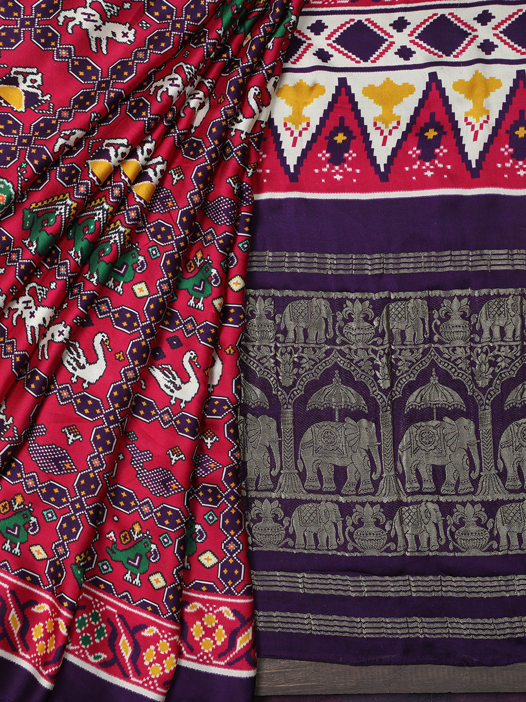 purple & rani ikkat patola saree with banarasi pallu