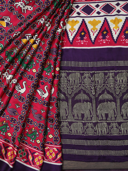 PURPLE & RANI IKKAT PATOLA SAREE WITH BANARASI PALLU