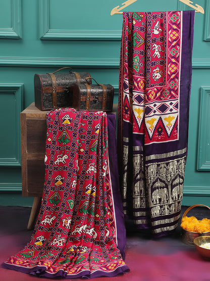 PURPLE & RANI IKKAT PATOLA SAREE WITH BANARASI PALLU