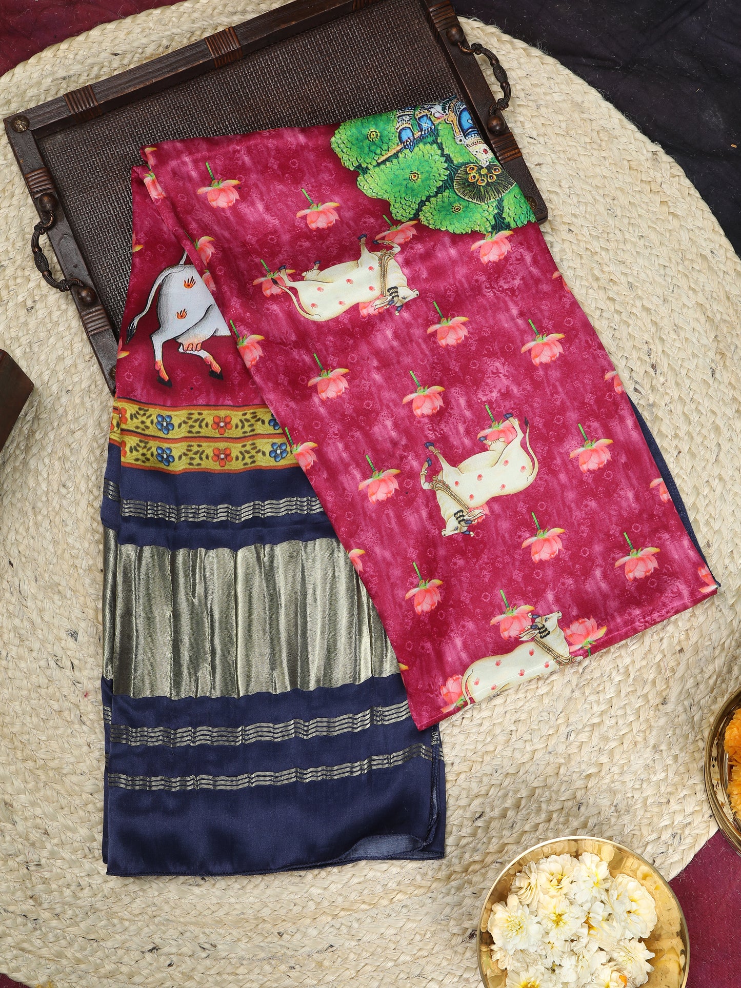 blue & rani shrinathiji pichwai print dupatta