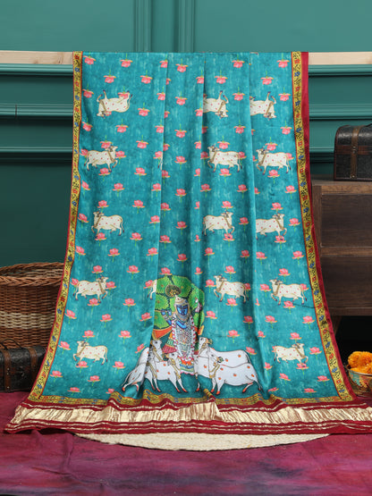 MAROON & BLUE SHRINATHIJI PICHWAI PRINT DUPATTA