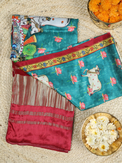 MAROON & BLUE SHRINATHIJI PICHWAI PRINT DUPATTA