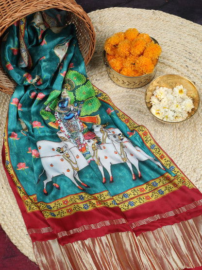 MAROON & BLUE SHRINATHIJI PICHWAI PRINT DUPATTA