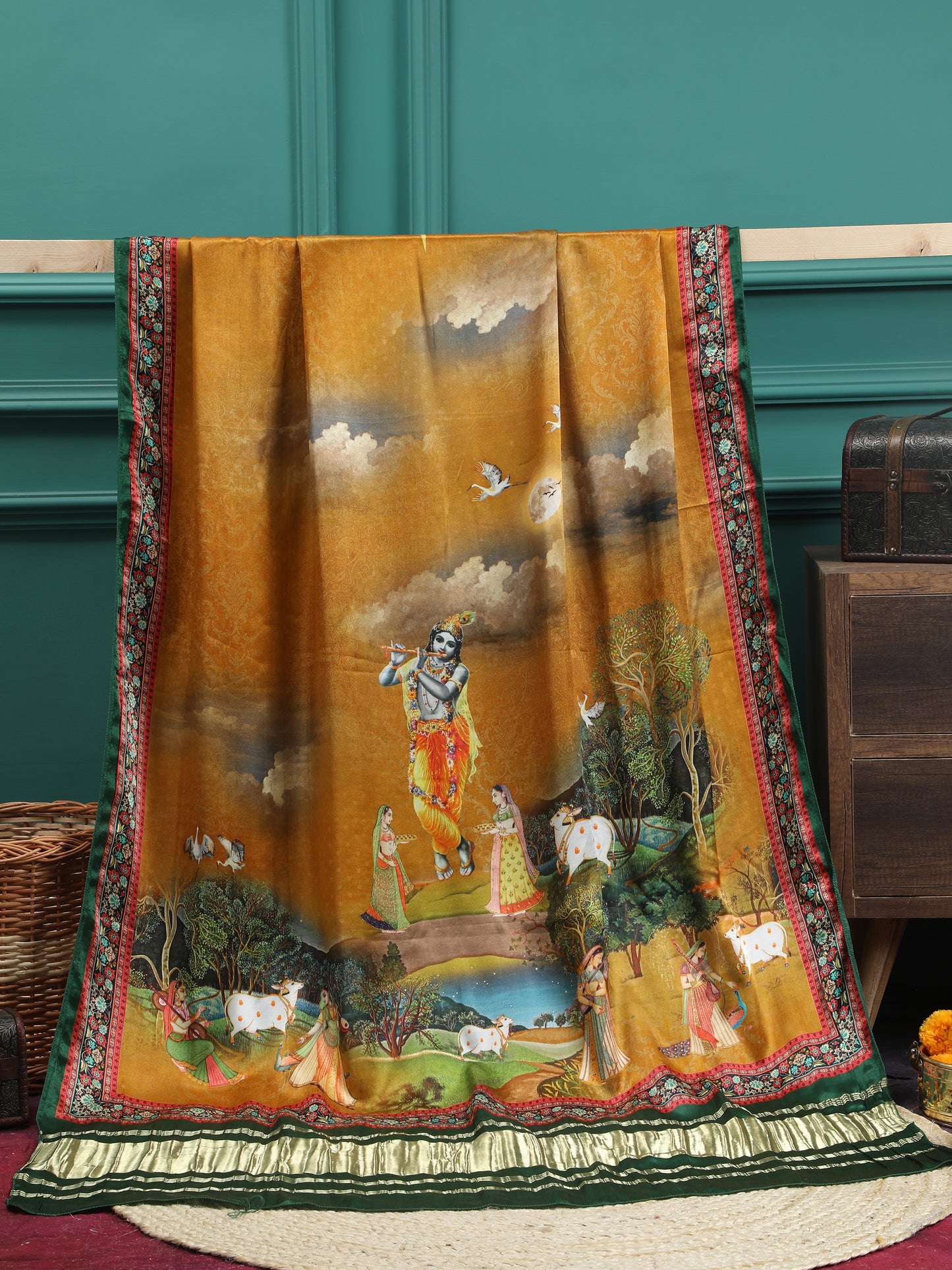 green & yellow pichwai print radha krishna dupatta