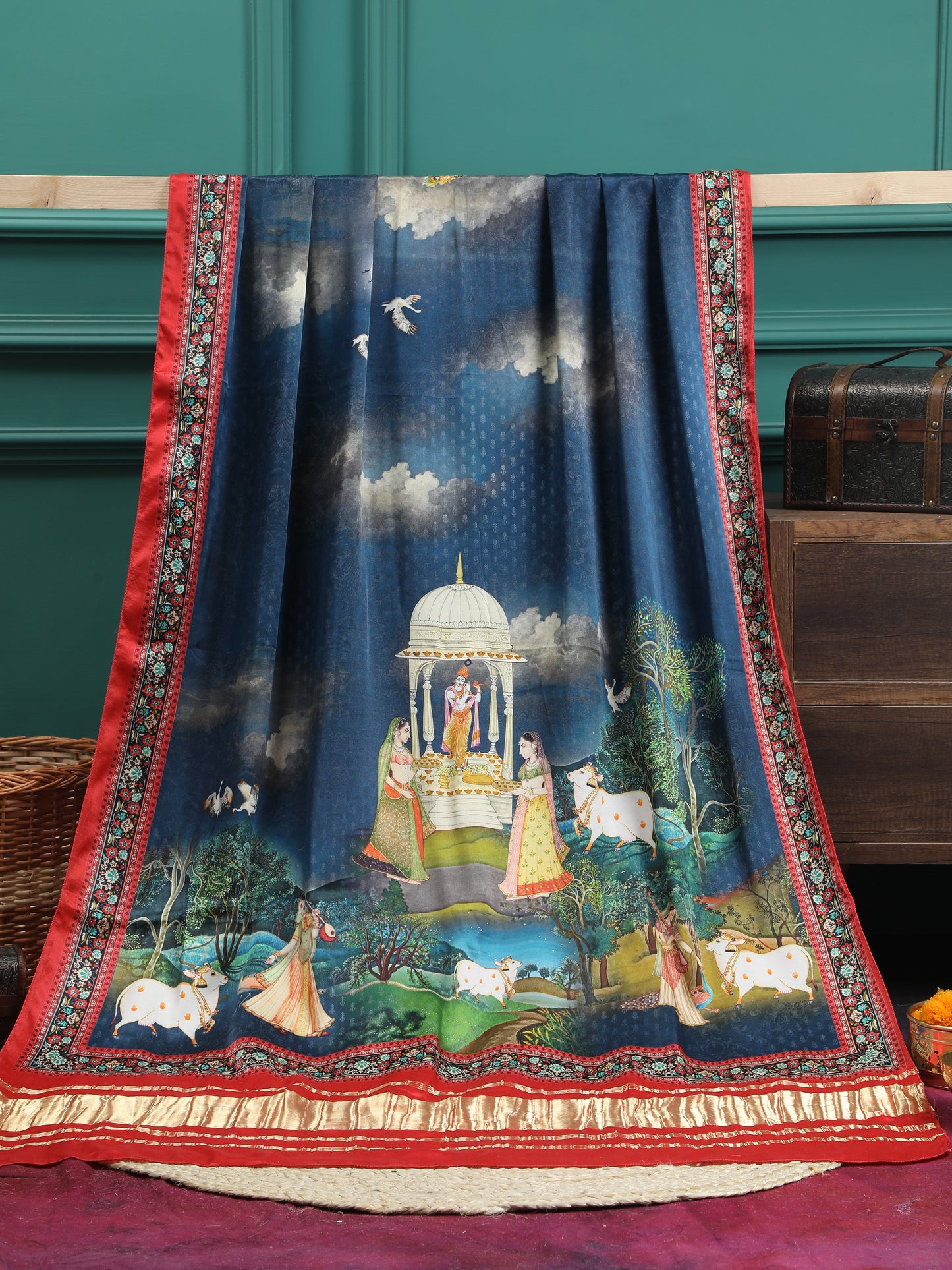 red & blue pichwai print radha krishna dupatta