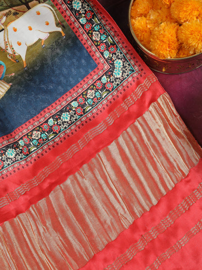 RED & BLUE PICHWAI PRINT RADHA KRISHNA DUPATTA