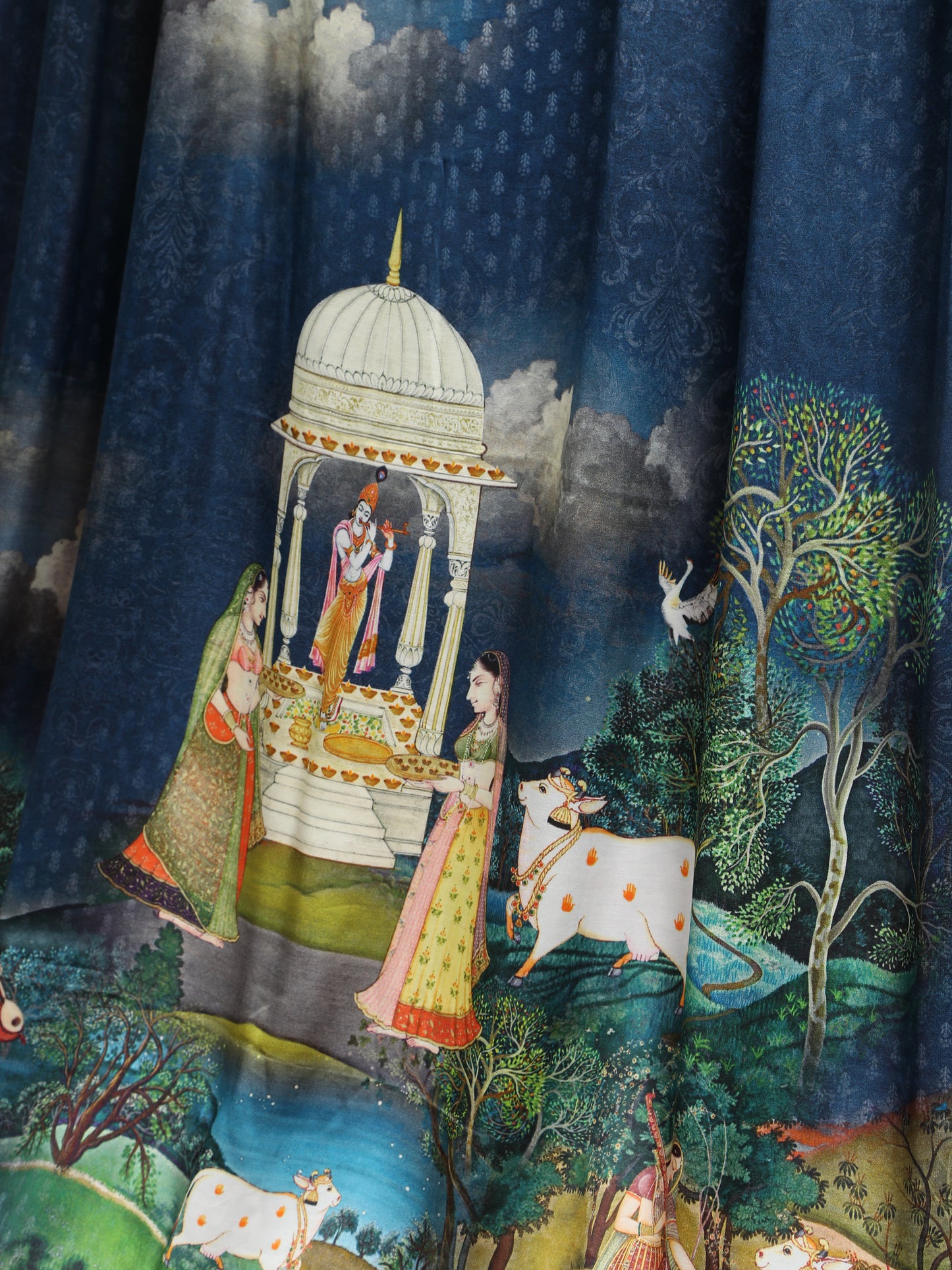 red & blue pichwai print radha krishna dupatta