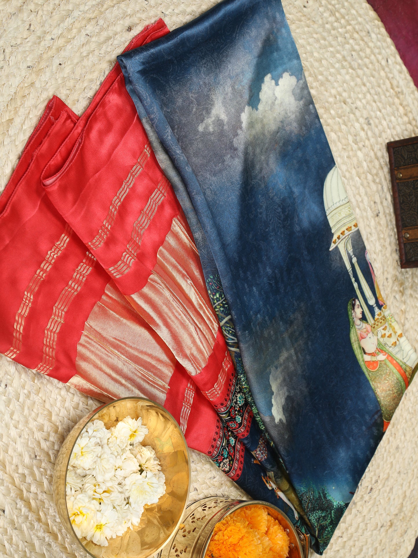 red & blue pichwai print radha krishna dupatta