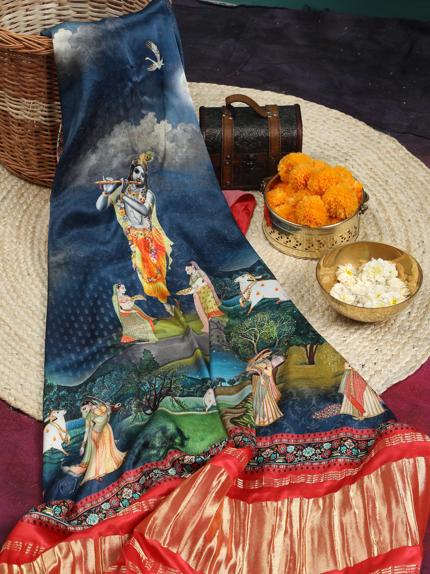 red & blue pichwai print radha krishna dupatta