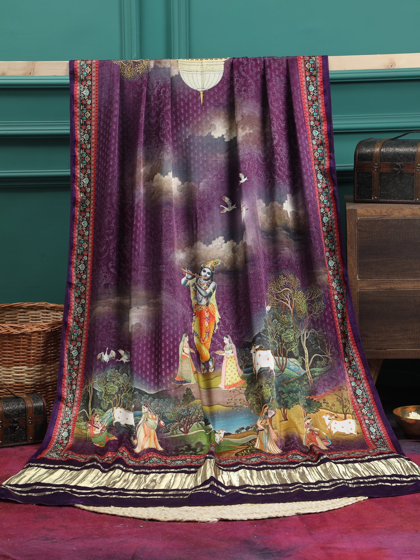 purple pichwai krishna print dupatta