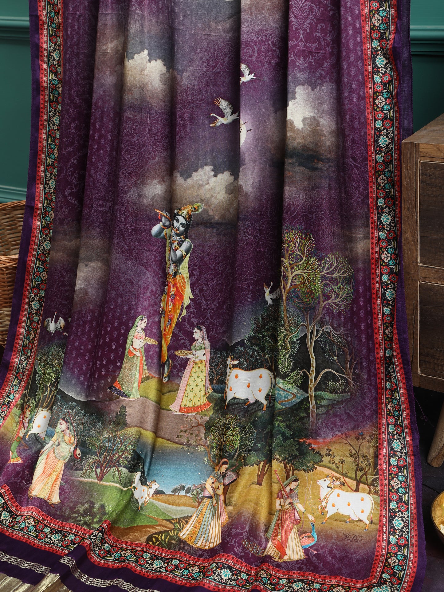 purple pichwai krishna print dupatta