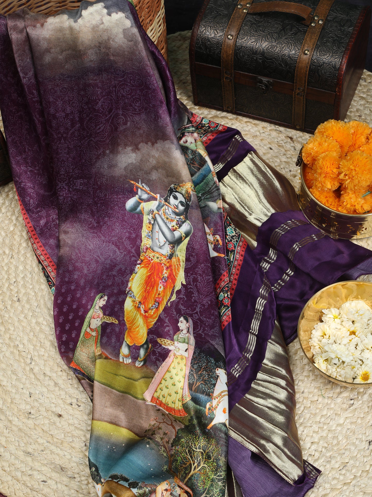 purple pichwai krishna print dupatta