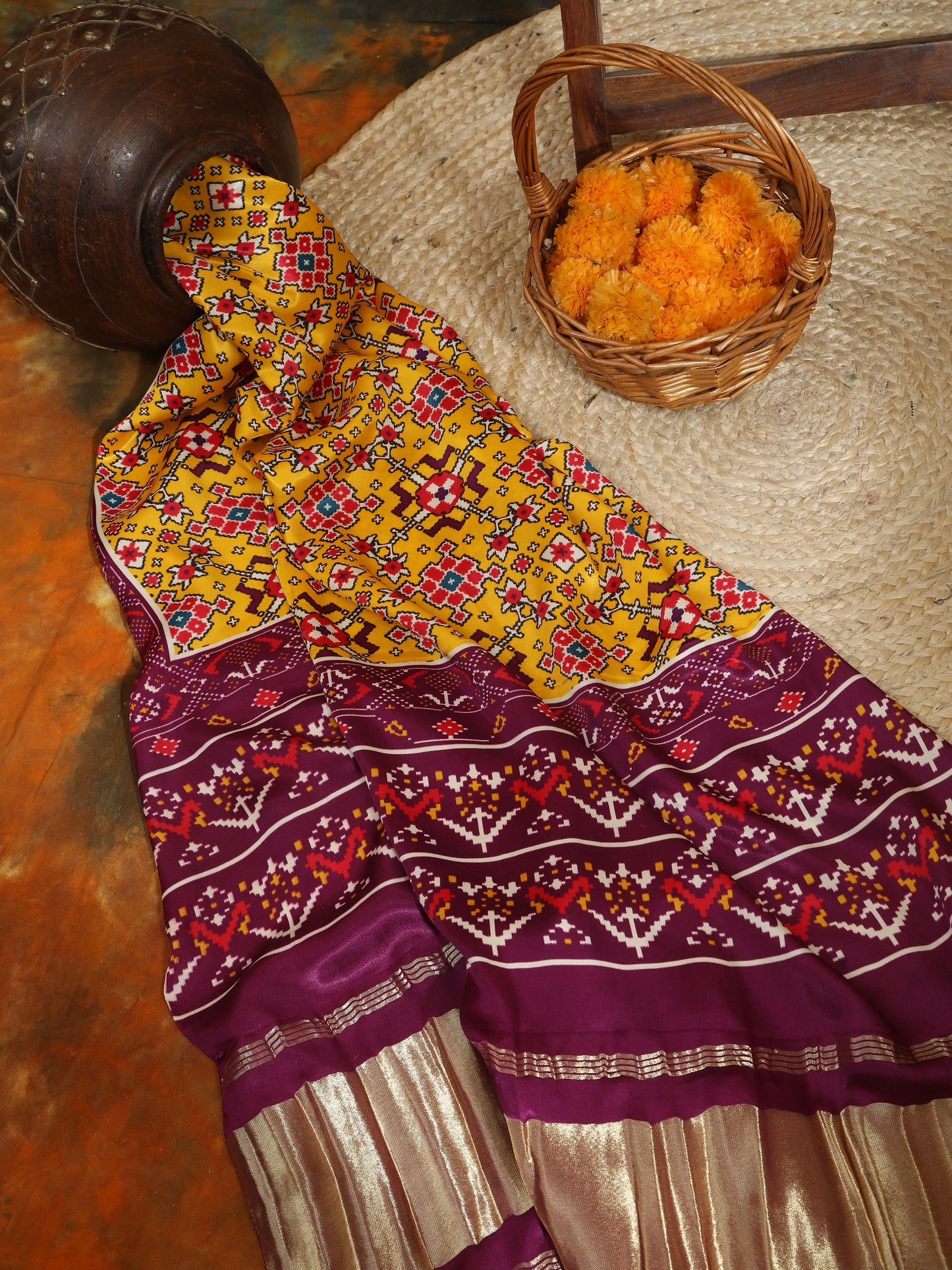 purple & yellow ikkat patola print dupatta