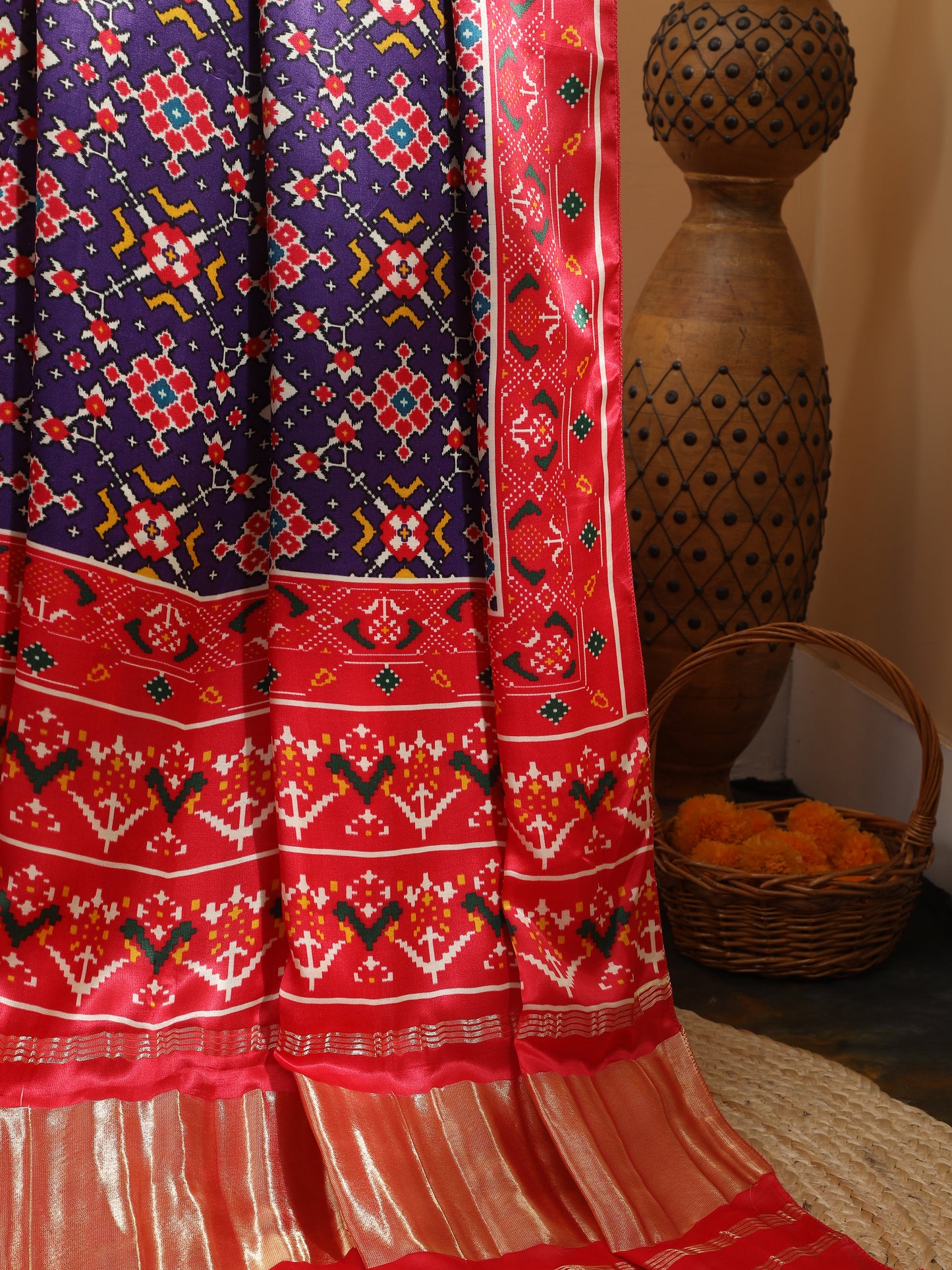 red & purple patola ikkat print dupatta in modal silk