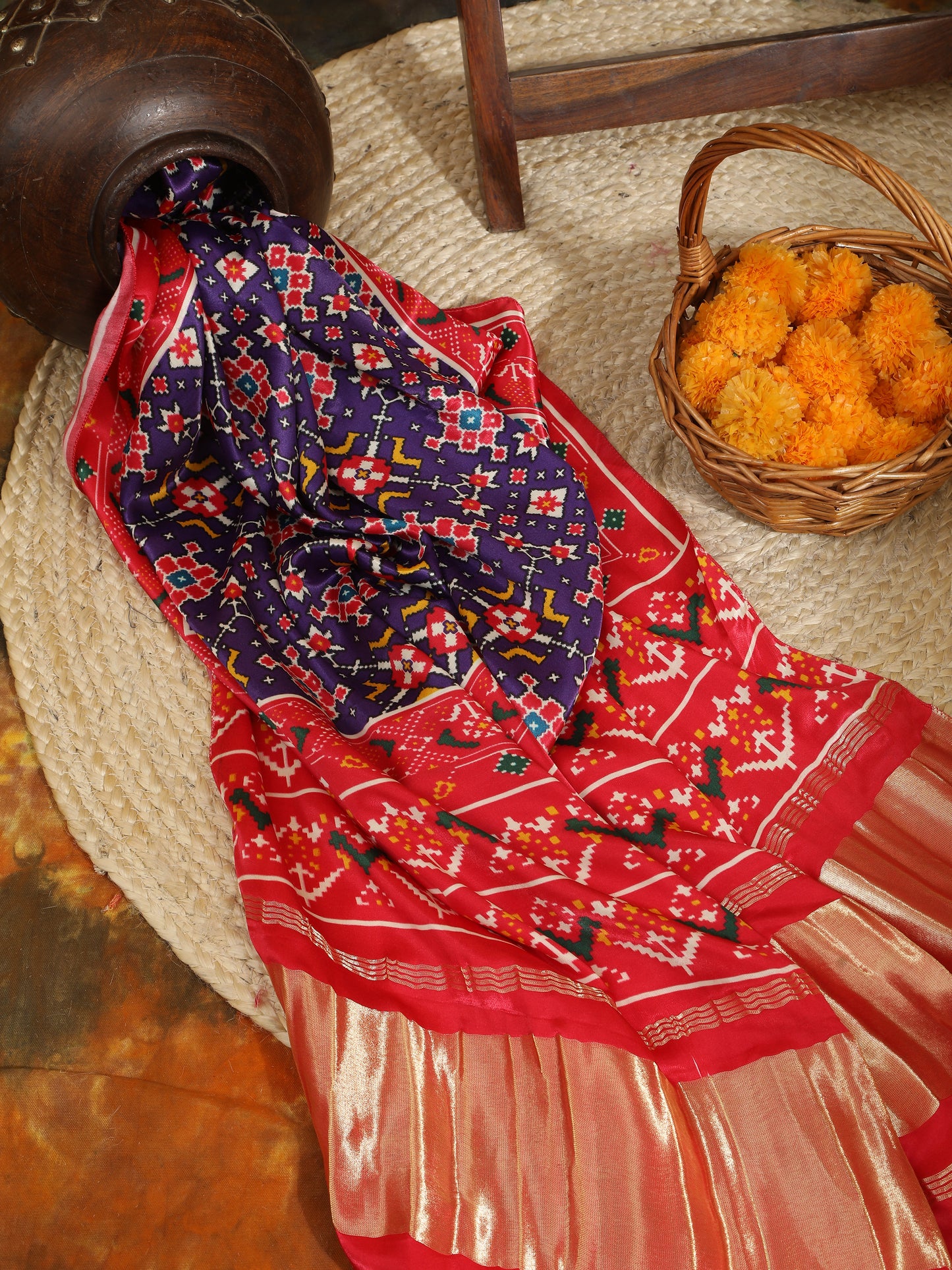 red & purple patola ikkat print dupatta in modal silk