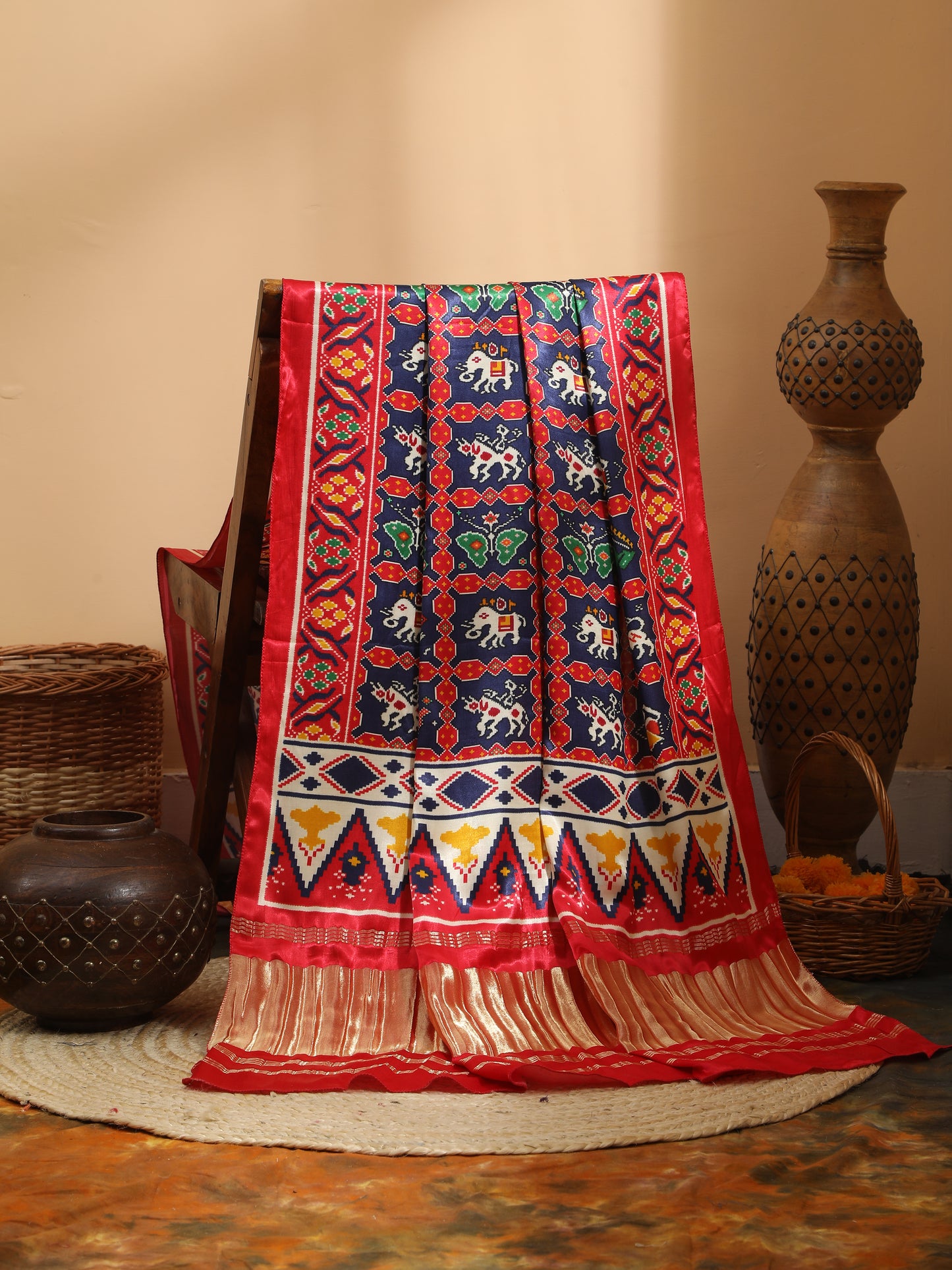 red & blue ikkat patola print dupatta