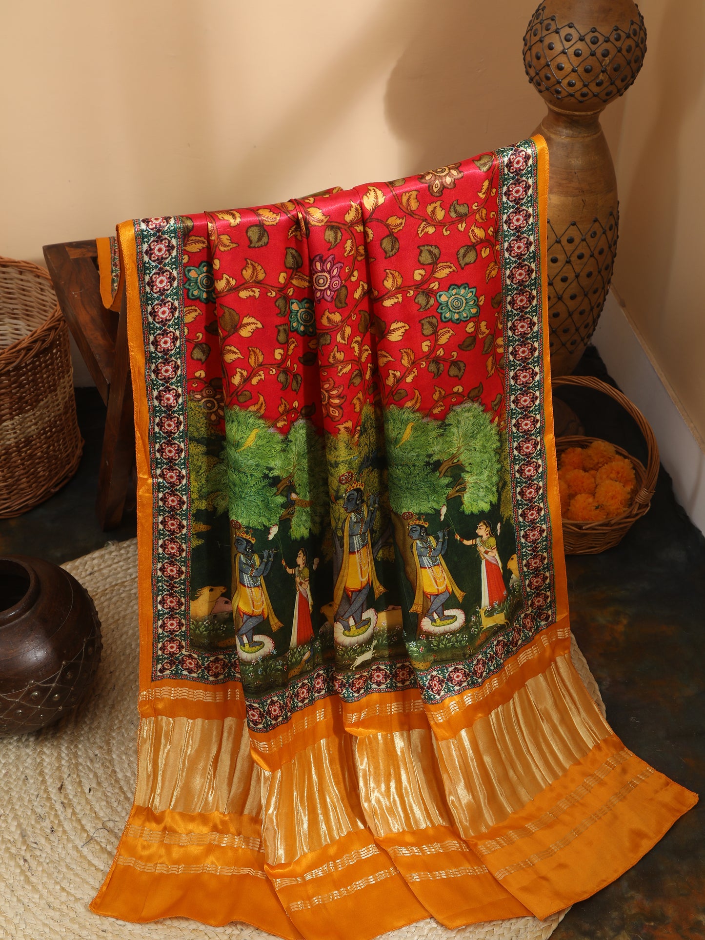 yellow & red pichwai with kalamkari dupatta