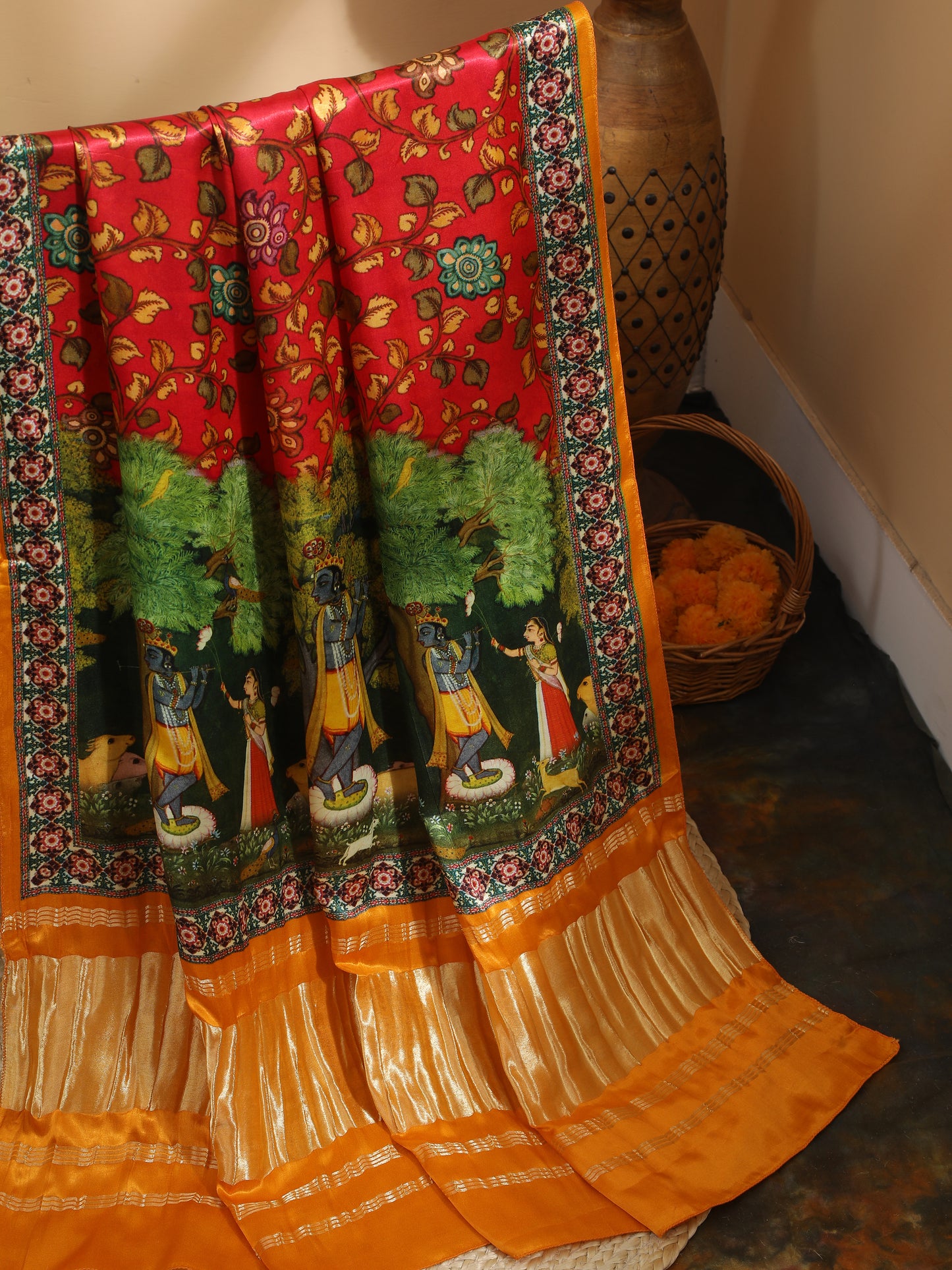 yellow & red pichwai with kalamkari dupatta