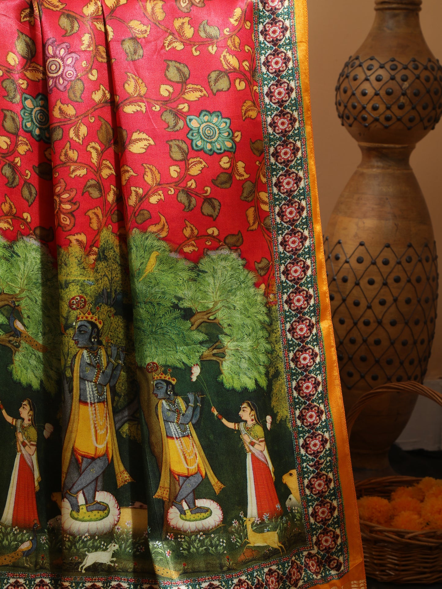 yellow & red pichwai with kalamkari dupatta