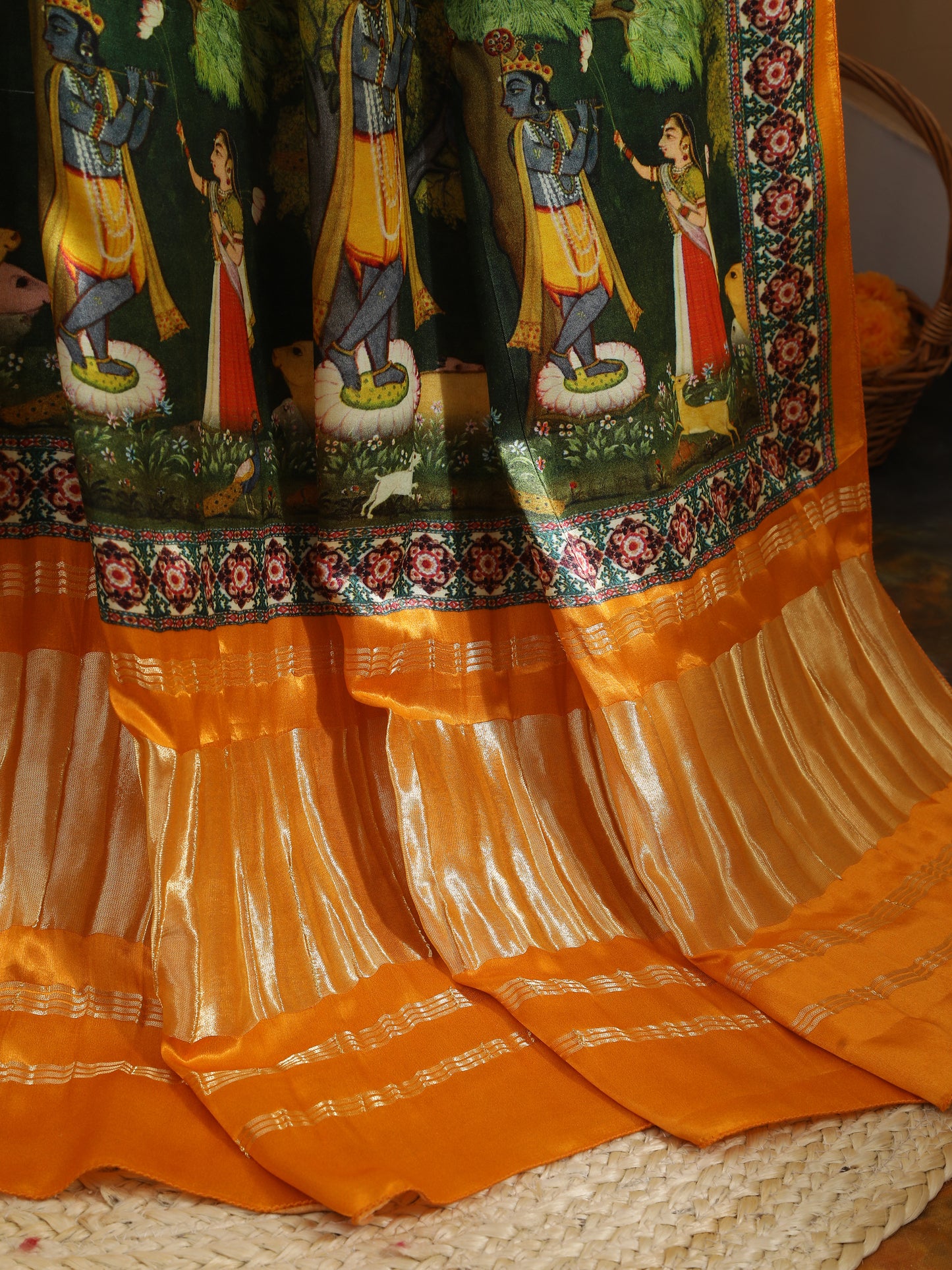 yellow & red pichwai with kalamkari dupatta